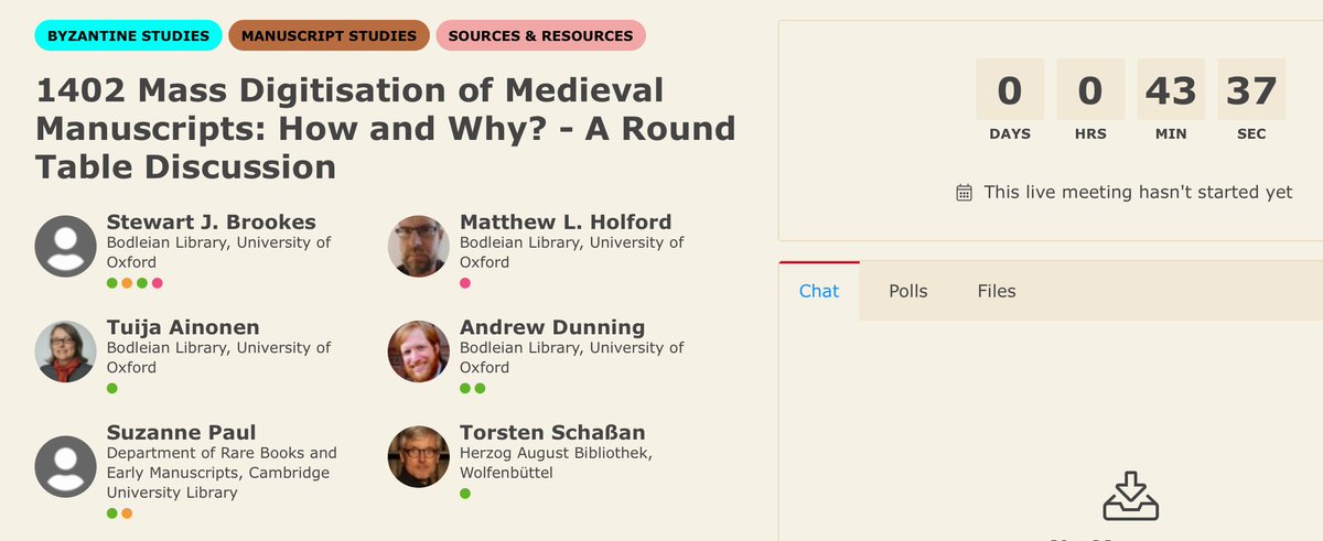 Stewart_Brookes's tweet image. Super psyched! Less than 45 mins until &quot;Mass Digitisation of Medieval Manuscripts: How and Why? - A Round Table Discussion” with @AinonenT, @schassan, @suz_paul, @anjdunning, @MatthewHolford and… you! #s1402 #IMC2021 #PolonskyGerman #PolonskyGreek
