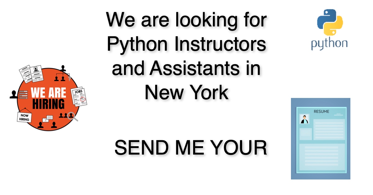 ProgramWithUsNY's tweet image. Practical Programming is a technology training company in New York. We are searching for Instructors and TAs to lead classes in Python and Machine Learning.
Please send me your resume and I will get in touch with you. #Python #100DaysOfCode #SQL #MachineLearning #Jobs #NewYork