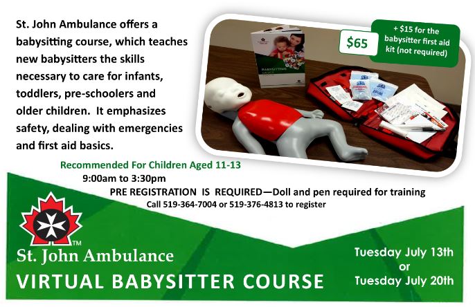 Neighbours returning to work? 

Learn the skills you need to lend a helping hand with the #SJAGBH Virtual Babysitting Course.

#SJA #greybrucehuron #stjohnambulance #health #safety #firstaid #cpr #childsafety #babysitting #summerjob #covid19 #community #family