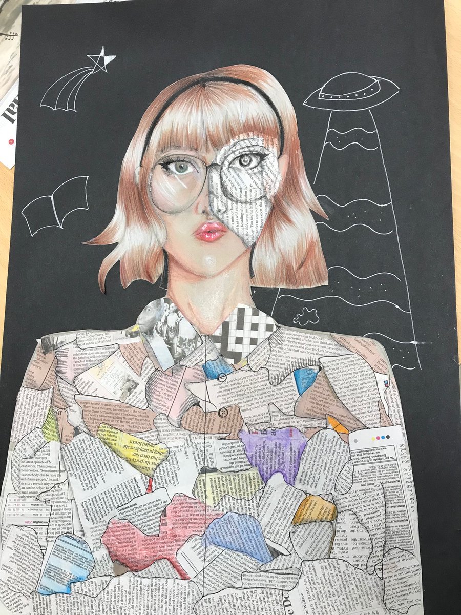 PencoedCompArt's tweet photo. Gwaith da iawn Year 10. These mixed media self-portraits are really impressive! Well done to Tilly, Aaron, Cerys and Leah. I will share other pieces soon. @PencoedComp @PencoedCompYr10 https://t.co/Zsi76Oc1Kh