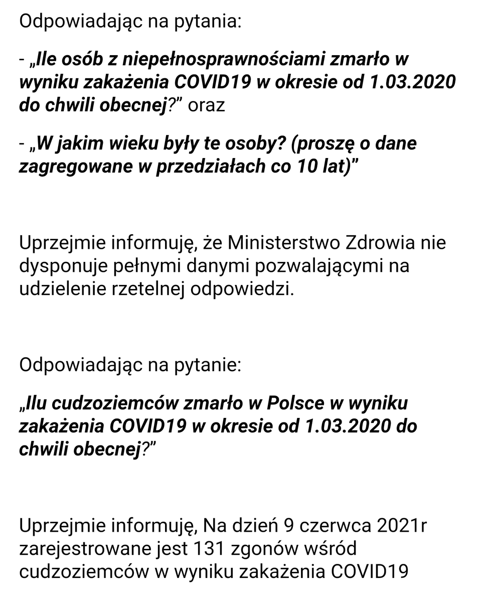 agdudz's tweet photo. Przyszła odpowiedź z @MZ_GOV_PL.
Polski rząd nie wie, ile osób #niepełnosprawni było wśród ofiar #COVID19. https://t.co/tVbe86uRcF