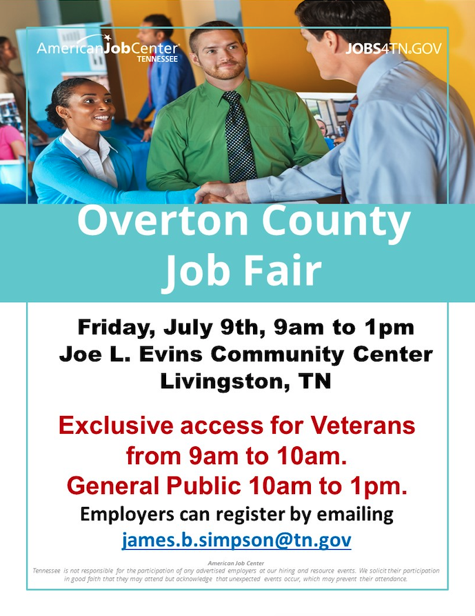 JOB FAIR IN OVERTON COUNTY! 🗓️

➡️ Hosted by the American Job Center
➡️ Friday, July 9th from 9:00am - 1:00pm
➡️ Joe L. Evins Community Center in Livingston, TN

🇺🇸 Exclusive access for Veterans begins at 9:00am. 
❗General entrance opens at 10:00am.