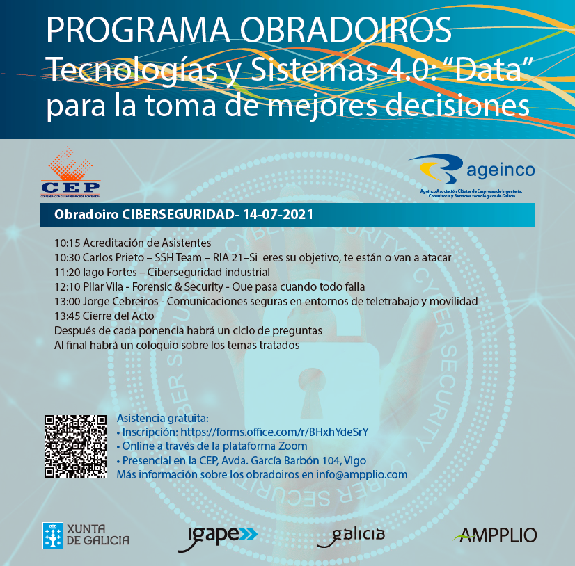 ageinco's tweet photo. 📢 Obradoiro "Ciberseguridad"
🗓 14 de julio
🕦 de 10:15 a 14:00
🔜 Inscripciones 🔗: https://t.co/EgvzvhjXjo
➕ info: info@ampplio.com
ℹ Después de cada ponencia habrá un ciclo de preguntas.
Al final habrá un coloquio 🎤 sobre los temas tratados
#Ciberseguridad #Ageinco https://t.co/OpU2gUlYqK