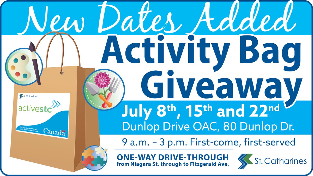St_Catharines's tweet photo. The activity bag giveaway has been extended!
Come out tomorrow (9am-3pm) to the Dunlop Dr. Older Adult Centre to pick up your FREE themed activity bag.
Some bags include gift cards, equipment, Niagara senior resources and more!
π»https://t.co/x7V580LkUg
#OurHomeSTC #ActiveSTC https://t.co/BDTpzofPBP