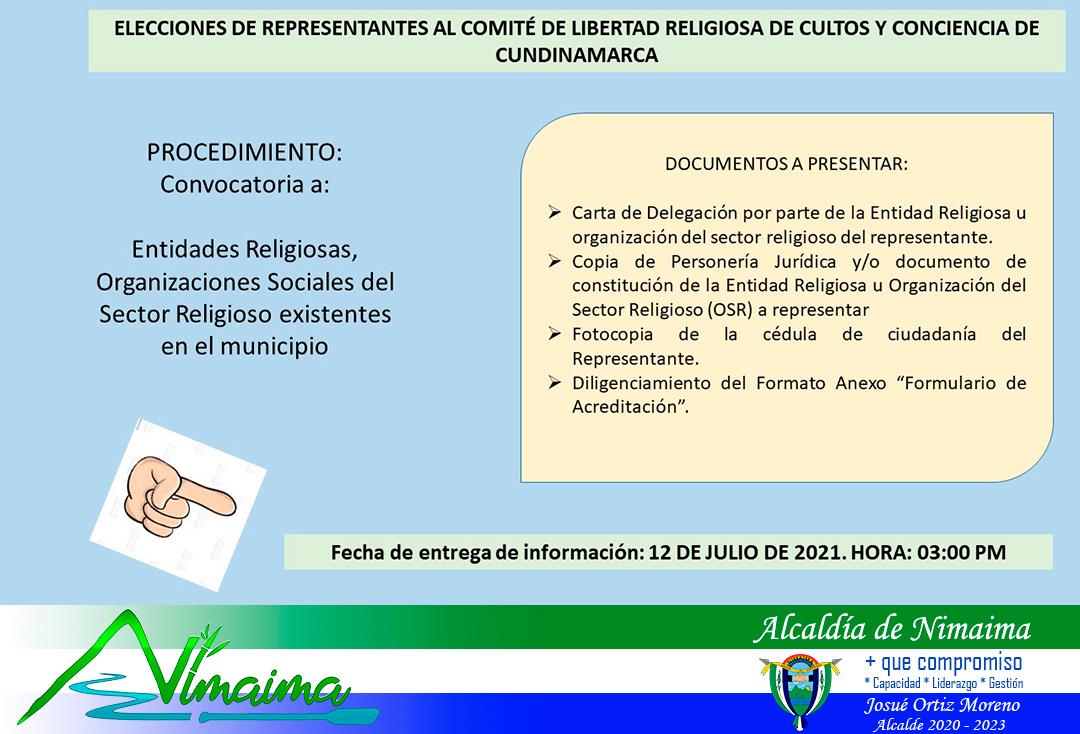 #MásqueCompromisoCapacidadLiderazgoGestión
Elección de los representantes al Comité de Libertad Religiosa de Cultos y Conciencia de Cundinamarca.  

12 de julio de 2021 vence el plazo para entrega de información.