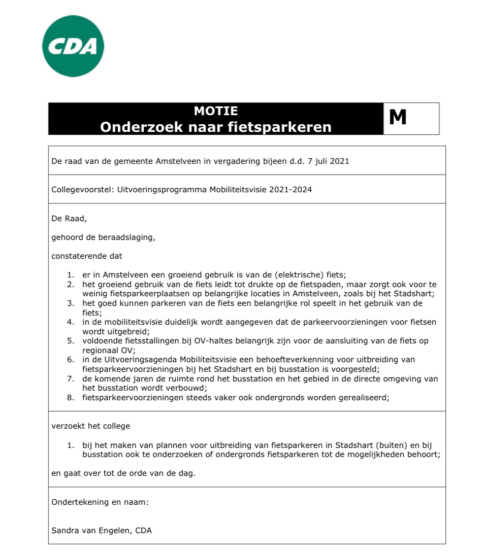 <a href="/CDA_Amstelveen/">CDA_Amstelveen</a> dient de motie ‘Onderzoek naar fietsparkeren’ in.