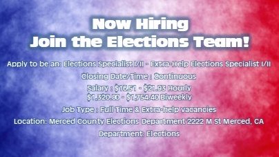 #HIRINGNOW #mercedcounty Elections Department is looking to expand their team! Check out this great #JobOpportunity! 

governmentjobs.com/jobs/3094948-0…
