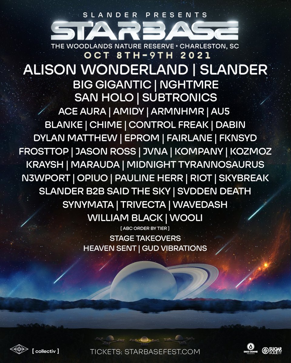 DiscoPresentsHQ's tweet photo. ✨ Starbase 2021 Official Lineup ✨

General on sale begins tomorrow!
11AM PT / 1PM CT / 2PM ET
Tickets &amp; Info: https://t.co/0aN9BveTRM

Like &amp; RT this post, &amp; follow @Starbase for a chance to win (6) VIP passes

Winner revealed tomorrow 10AM PT. https://t.co/TVmNXYfBxW