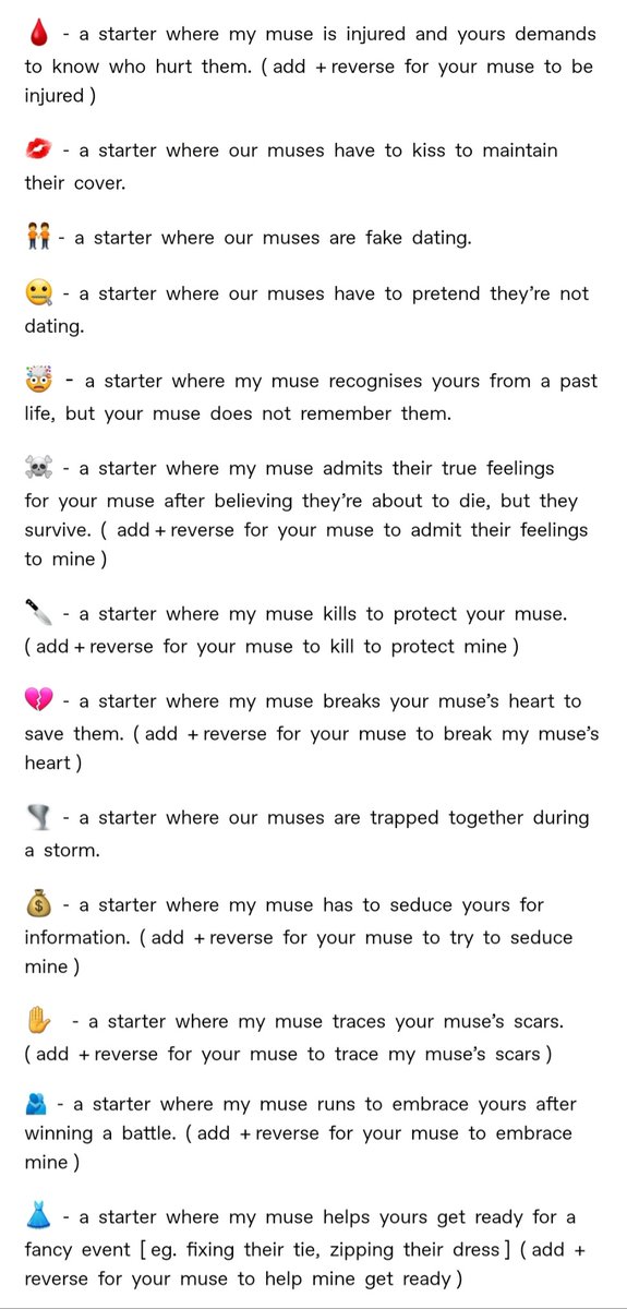 ▪︎     Starter Prompt     ▪︎

quote ⟳ with the emoji you want, and I will write a starter. If you want the muses to switch roles, then add 🔀