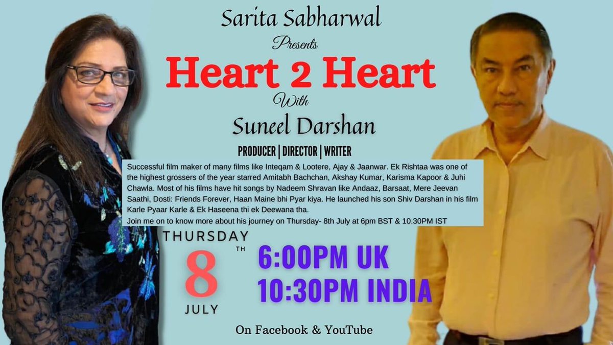 U.K.'s favorite R.J. Sarita Sabharwal to Live interview me on 8th July... do hook up at GMT 6pm /IST 10.30pm... On Facebook: facebook.com/SaritaSabharwa… YouTube: youtube.com/watch?v=GKrYuu…