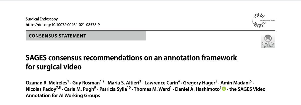Dan Hashimoto, MD MS FACS (@laparoscopes) on Twitter photo Over 18 months & a pandemic ago, <a href="/SAGES_Updates/">SAGES is in Tampa in 2026!</a> convened experts in #surgery & #CS to tackle inconsistent annotation of video for #AI w/ hopes of improving reporting, transparency, and inter-institutional research
Consensus framework on annotation now available in <a href="/SurgEndosc/">Surgical Endoscopy</a>! Over 18 months & a pandemic ago, <a href="/SAGES_Updates/">SAGES is in Tampa in 2026!</a> convened experts in #surgery & #CS to tackle inconsistent annotation of video for #AI w/ hopes of improving reporting, transparency, and inter-institutional research
Consensus framework on annotation now available in <a href="/SurgEndosc/">Surgical Endoscopy</a>!