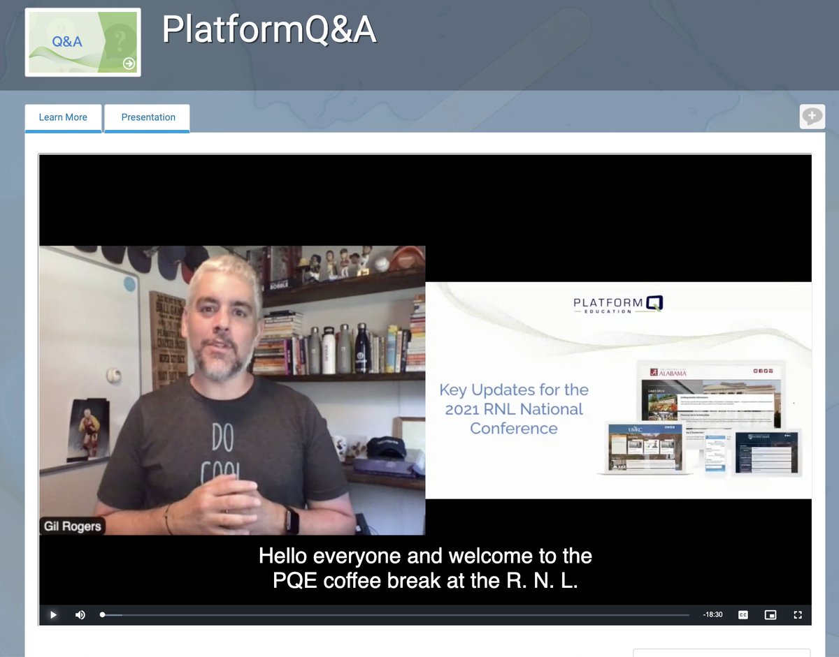 PlatformQedu's tweet photo. Our @gilrogers (with a guest appearance from @gilrogers_ in the background) shares some key insights on virtual engagement during a PQE Coffee Break at the #RNLNC2021. Join him and get your coffee card at https://t.co/bMpDrktTZj #RNLNC https://t.co/kVNmLqGYu9