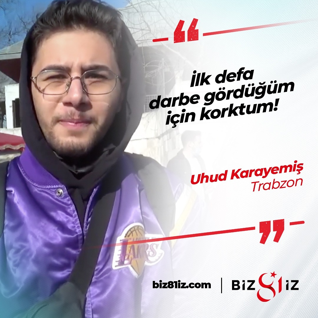 Biz81iz's tweet photo. "İlk defa darbe gördüğüm için korktum!"

Uhud KARAYEMİŞ, 15 Temmuz gecesinde hissettiklerini #Biz81iz Projesi'ne anlattı.

Siz de 15 Temmuz'da hissettikleriniz temalı bir video çekerek #Biz81iz Projesi'ne katılabilirsiniz.🎥

🌐https://t.co/oMbQ3JmvMM https://t.co/YZ5wiKNOHA