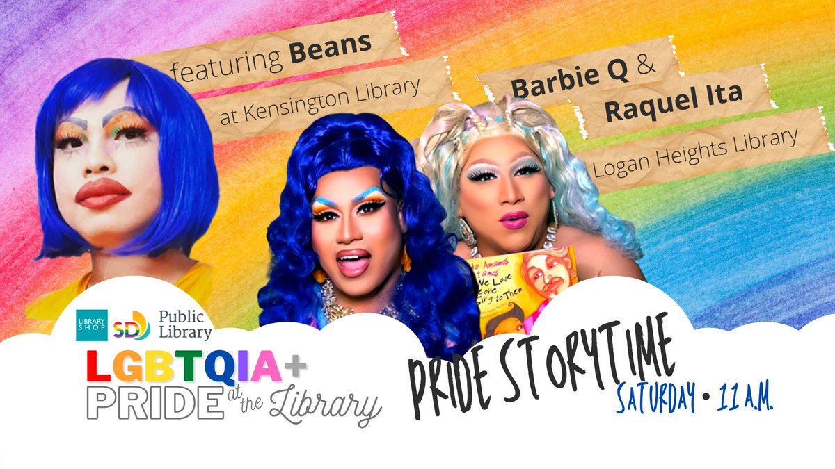 SDPublicLibrary's tweet photo. Have you taken a look at the upcoming events this weekend? We've got a Pride Storytime two-fer happening Saturday at 11 a.m. Head to #LoganHeightsLibrary or #KensingtonLibrary and you'll be in for a fun treat. https://t.co/NyJHUBmOML https://t.co/mfMB5byAZw
