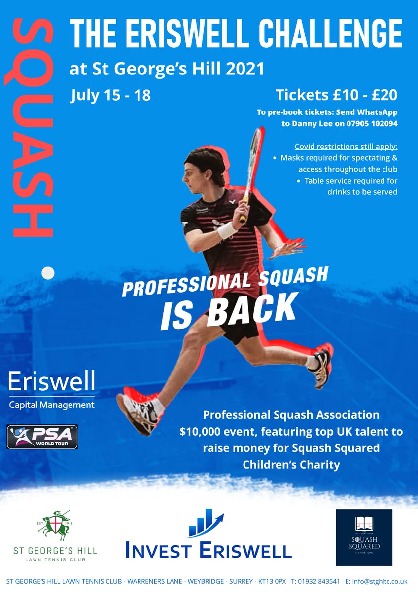 Check out the PSA event over at our neighbours <a href="/stghltc/">St George's Hill LTC</a> next weekend. Gate receipts will all go to Squash Squared, a sports charity helping underprivileged kids.Semis on Saturday, finals on Sunday afternoon. Wine tasting with a master of wine on Saturday between semi-finals!