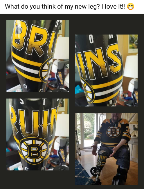 MrDaveMur's tweet photo. A close friend of mine I've known for eleven years had to get a prosthetic leg.  He is one of the most postive people people you will ever meet and he's been a die hard @NHLBruins fan his entire life.  This is pretty damn cool @NHL https://t.co/U0W8QfAwyd
