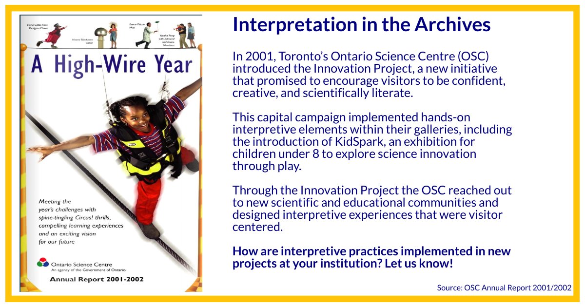 InterpAsField's tweet image. This week in #InterpArchives, we go back to 2001/2002 at the @OntScienceCtr. With new innovations in visitor engagement, this moment in OSC’s history reflects changing interpretive practices within science centres.