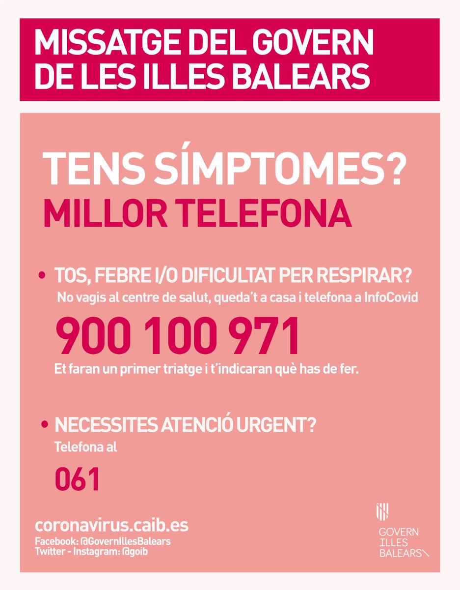 Hem ampliat els telèfons, perquè no hagis de sortir de casa si tens símptomes 😷compatibles amb la #covid19, i així evitar el risc de contagi a altres persones 👫de la teva comunitat. 

Aturar el contagi és responsabilitat de tots 🤲 <a href="/SalutGOIB/">Conselleria de Salut</a> <a href="/ibsalut/">Servei de Salut de les Illes Balears (IB-SALUT)</a>