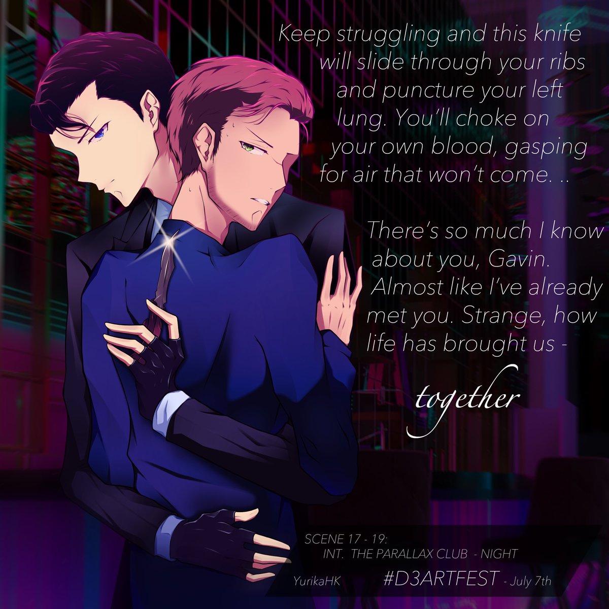 AzureLum1_DBH's tweet photo. D3 Artfest (July 7th) - The Parallax Club 

I initially wasn’t planning to draw this scene but my hands couldn’t stop themselves ᐠ( ᐛ )ᐟ The colour scheme and composition is eh, lacking some dynamic too lmao but oh well

#d3artfest #detroitevolution #dbh #GavinReed #RK900 https://t.co/4aUYdTAfDr
