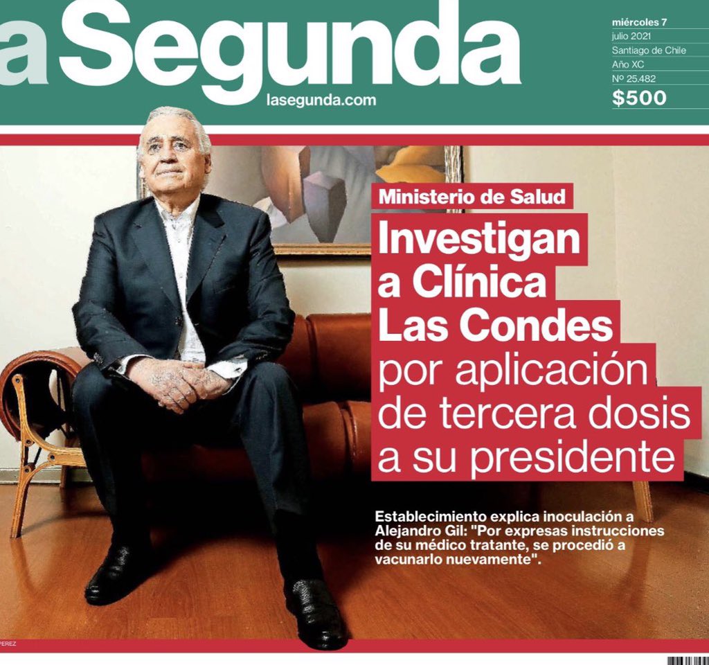 cgajardop's tweet photo. Vacunan al presidente de la clínica  saltándose las reglas y despiden a la funcionaria que denunció el hecho. La clínica las Condes de mal en peor. Chile cambió pero muchos no se han dado cuenta. https://t.co/VfMduY2AHA
