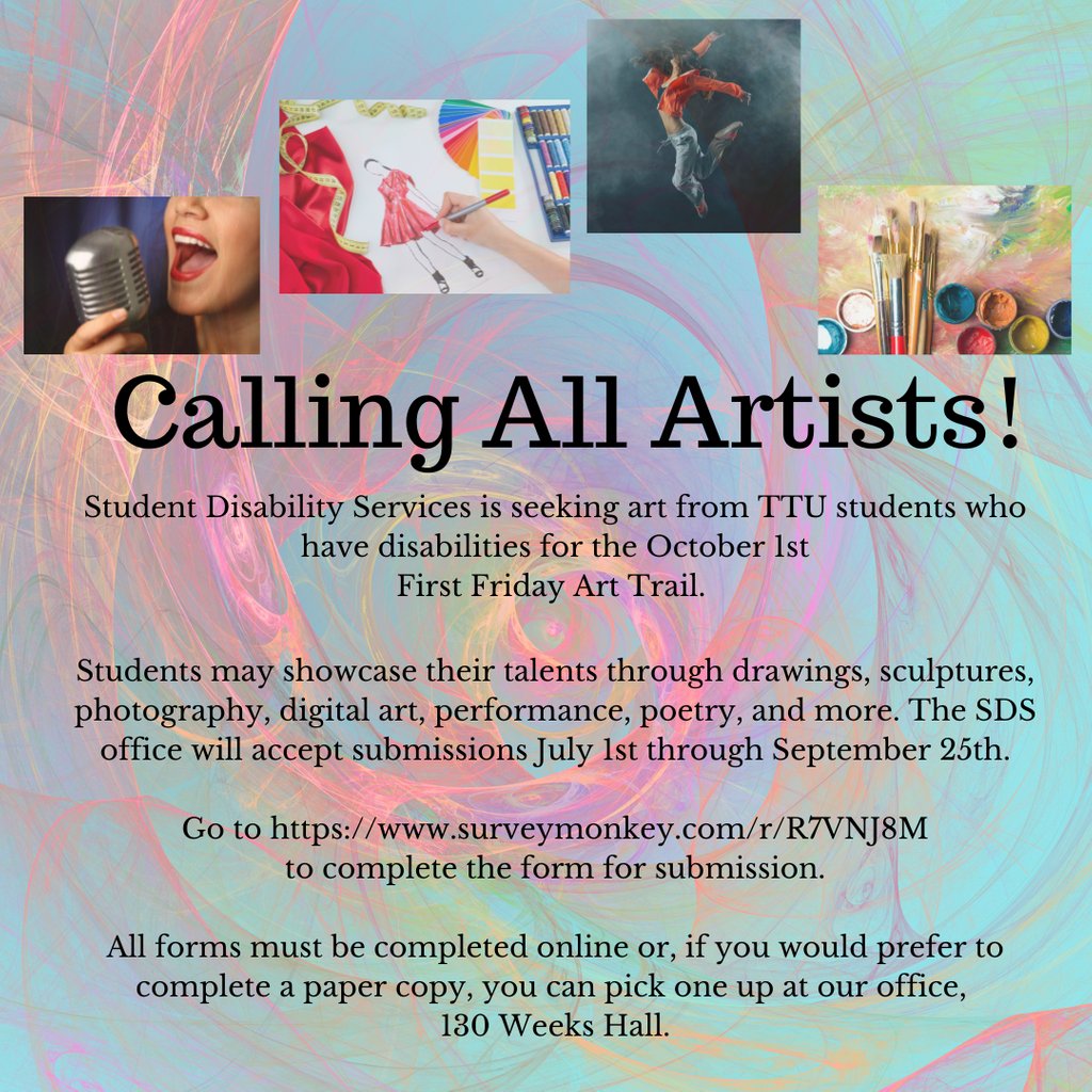 TECHniquesTTU's tweet image. Calling All Artists! @ttu_sds is seeking art from TTU students who have disabilities for the October 1st First Friday Art Trail. Go to buff.ly/3wbKd4m to complete the form for submission. #TTU #TTUSDS #CreativeAbilities #art #morethanaccommodations #FirstFridayArtTrail