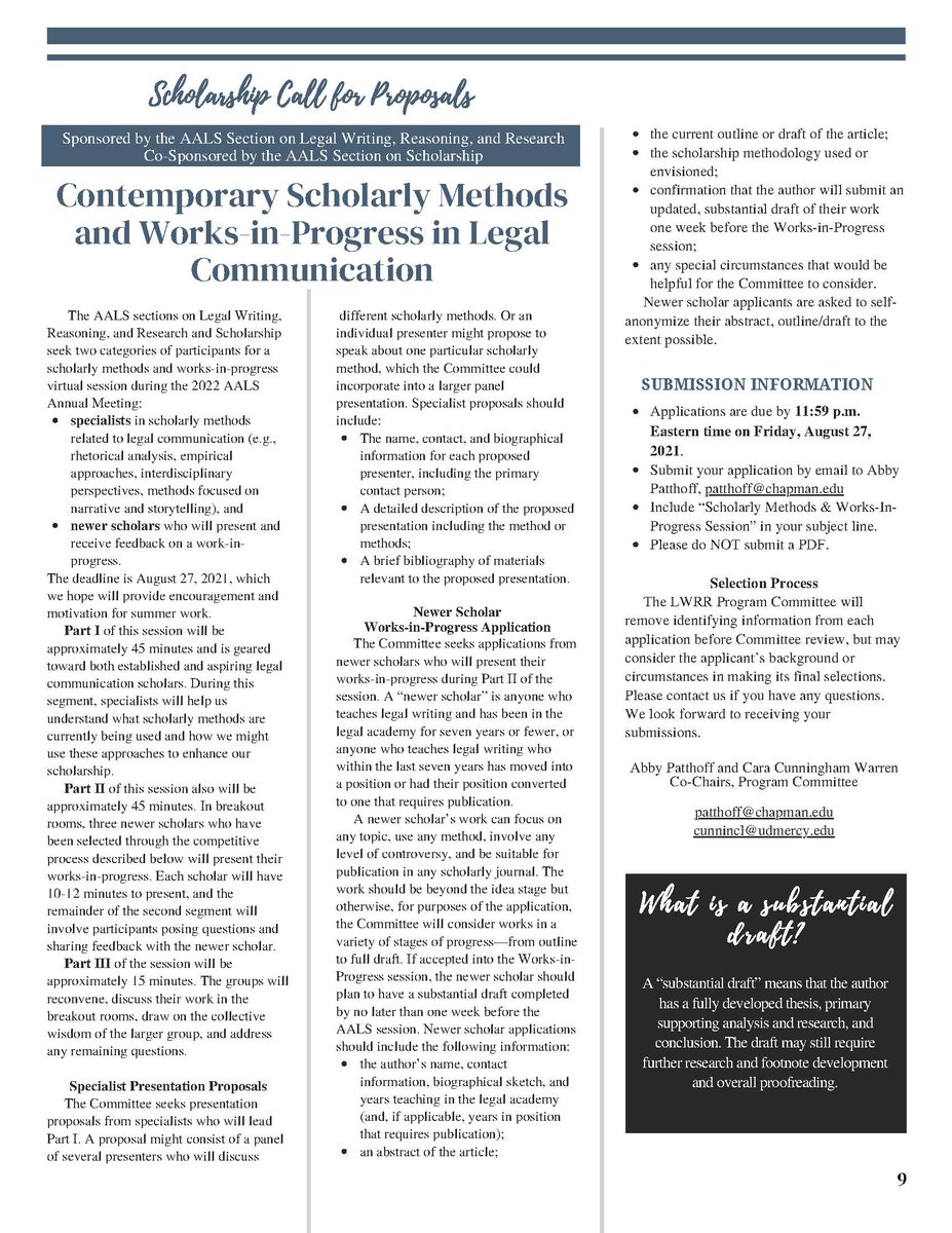 Got a work in progress? The LWRR Program Committee is seeking applications from newer scholars to workshop their articles at the 2022 AALS meeting in January. Applications due August 27.