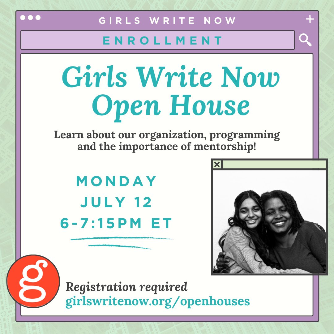 girlswritenow's tweet image. Interested in applying to Girls Write Now but want to learn more first? Unsure of which program is "write" for you? Join our Open House on Monday, July 12 from 6-7:15PM ET to have all your questions answered!

Visit girlswritenow.org/openhouses to register!