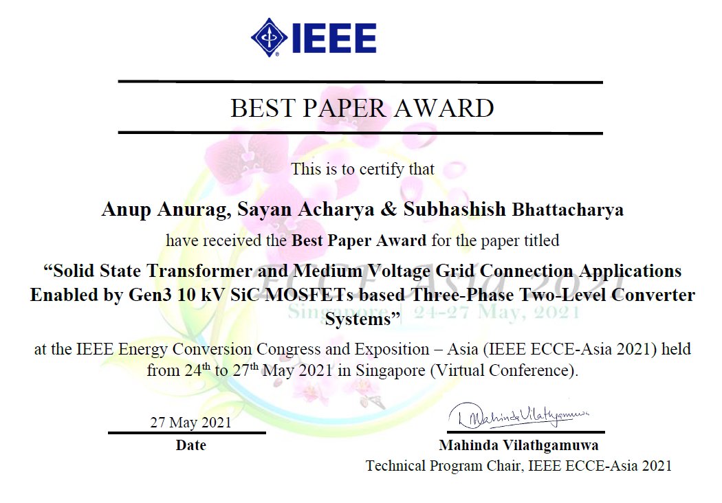 FREEDMerc's tweet photo. Alumni Anup Anurag, Ph.D., and Sayan Acharya, Ph.D., along with Dr. Subhashish Bhattacharya recently received the Best Paper Award at ECCE Asia 2021 for their work. Learn more today! https://t.co/apZlg9fDjH #powerelectronics #solidstatetransformers @NCStateEngr https://t.co/b6qr61jwIy