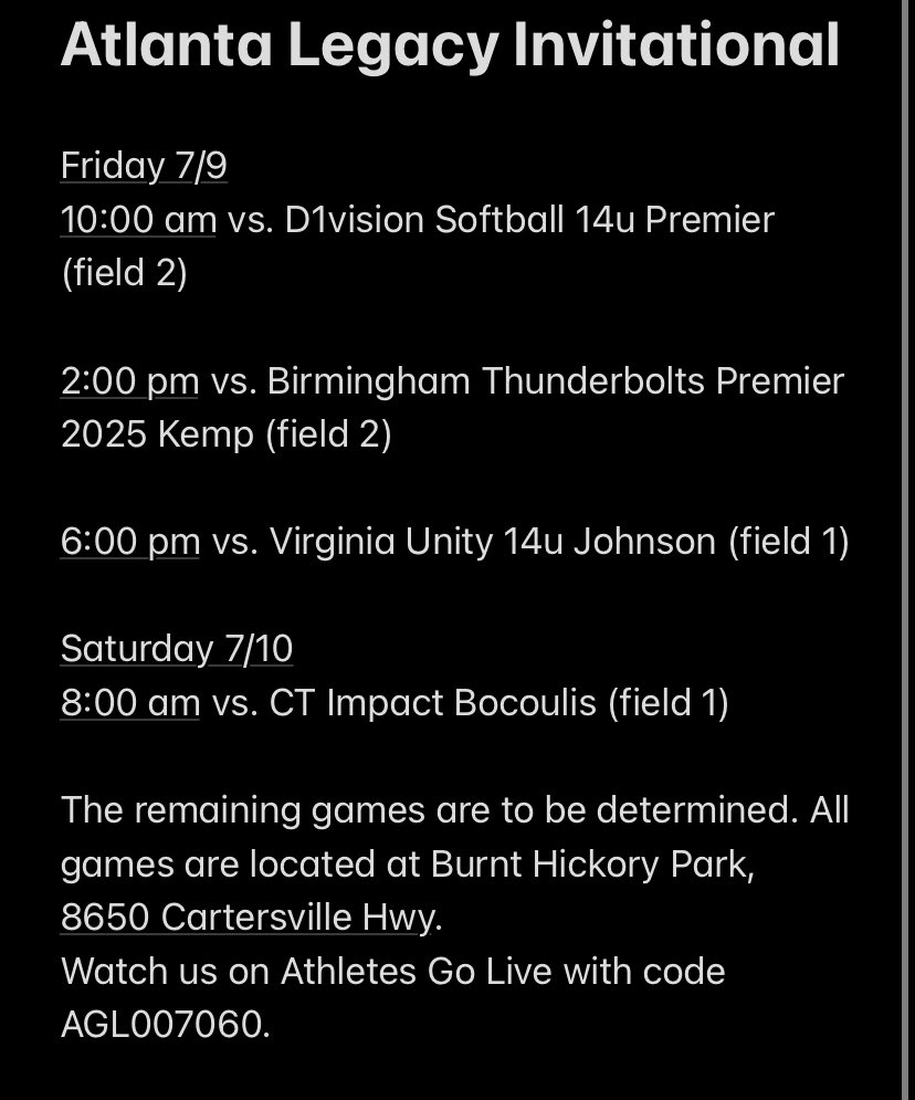 Schedule for the Atlanta Legacy Invitational this weekend!! Watch us on Athletes Go Live with code AGL007060. @VUSoftball @MonmouthSB @PeacockSoftball @SJUHawks_SB @UConnSoftball @Lehighsoftball @IonaSoftball @State14u
