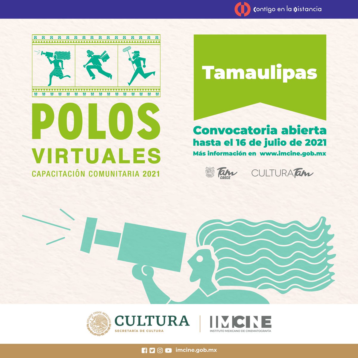 ¡Aún estás a tiempo de participar en Polos Virtuales 2021! 🎞⌛️

Sé parte de la capacitación enfocada en el desarrollo de proyectos audiovisuales.

👉🏽Checa las bases aquí: tinyurl.com/PolosAudiovisu…
📭 ¿Tienes dudas? Escríbenos a polosvirtualestamaulipas@gmail.com