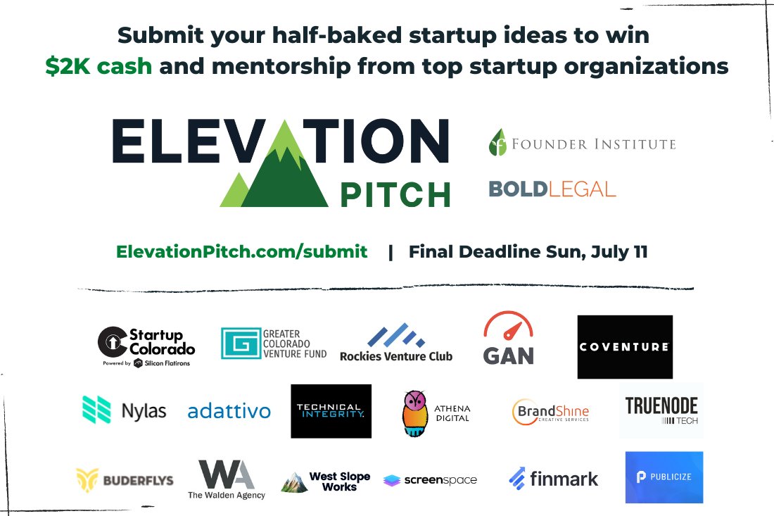 Just a few days left to enter the Elevation Pitch Competition - where your startup idea can win you $2000 cash and mentorship from top startup organizations (no strings attached)! Open to anyone in the U.S. Mountain West.

Submit your idea at elevationpitch.com/submit