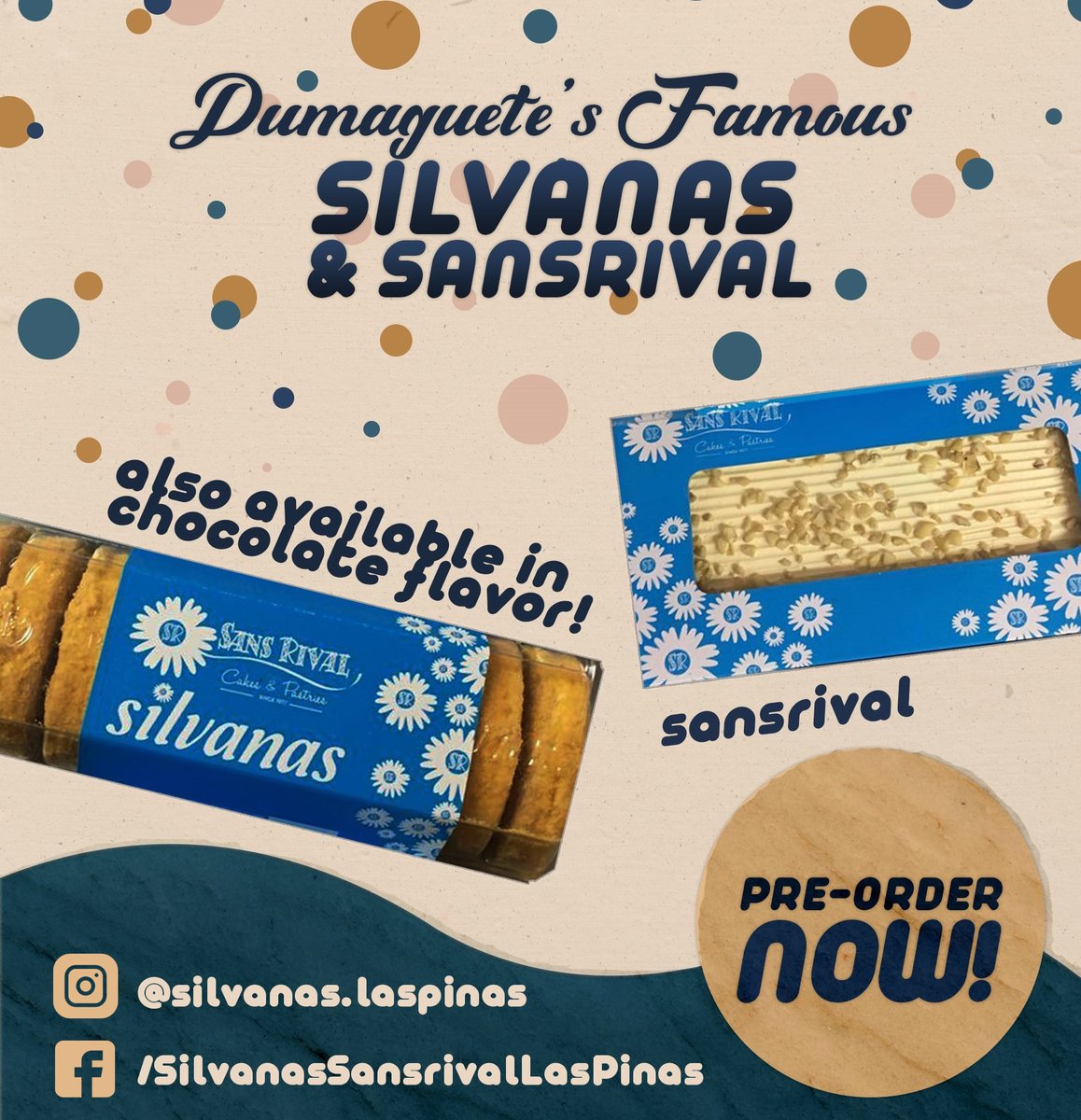 SilvanasLPC's tweet photo. Craving for some comfort food? Looking for a gift for your loved ones? Don’t know what to put on the table on your upcoming birthday celebration? 🤔

Dumaguete’s Famous Silvanas and Sansrival might be the one you’re looking for. 💙

ORDER NOW! We offer lower prices for resellers. https://t.co/7CQBnC4Hhq