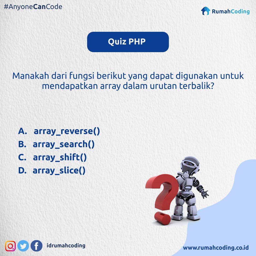 idrumahcoding's tweet image. Thursday and… QUIZ DAY
Sumber: tutorialspoint.com/php/php_online…
.
Follow @idrumahcoding for daily updates, cek website kami di rumahcoding.co.id
.⠀⠀⠀⠀⠀⠀⠀⠀⠀⠀⠀⠀⠀⠀⠀⠀⠀⠀⠀⠀⠀⠀⠀⠀⠀⠀⠀
.⠀
#Kuis #GolangQuiz #CodingQuiz #KuisCoding #Quiz #Coding #QuizGame #programmer