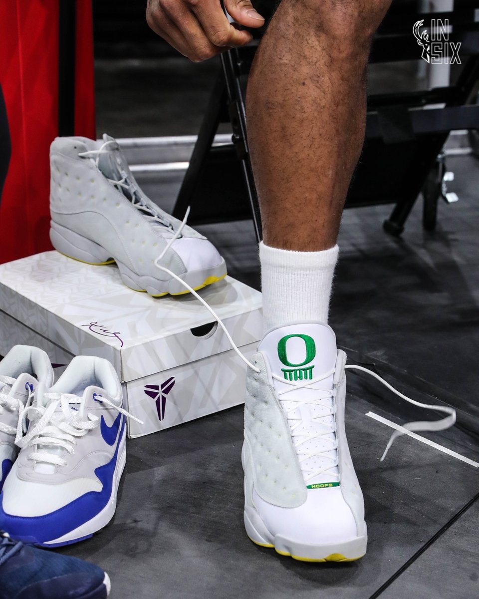 BucksInSix's tweet photo. P.J. wore the Jordan 13 'Oregon Ducks Friends and Family' during #NBAFinals Practice. https://t.co/GkV7eGJVeB