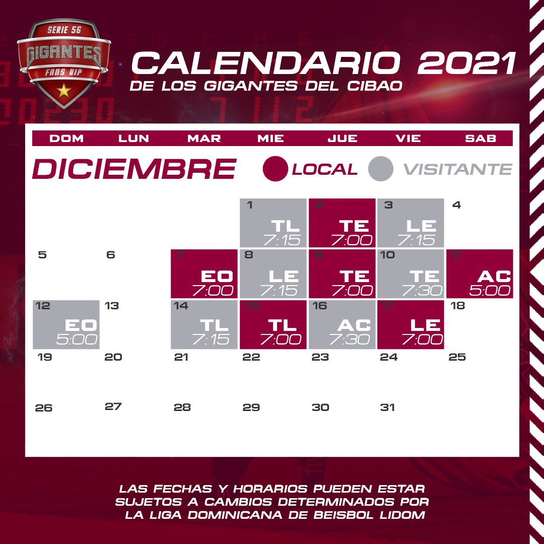 GigantesVIP56's tweet photo. [DESLIZA]Calendario oficial de nuestros @Gigantes_Cibao para la temporada 2021-22
.
.
#GigantesVIP
#SomosSerie56 https://t.co/Bl32Z4jSPF