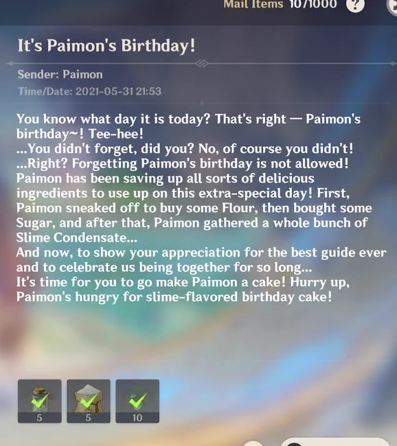 It's so amusing how every character is
"you're so amazing/cool/great here is a present for you on MY birthday"

And Paimon:
"Here are the ingredients, don't forget the flour, and now go and bake me a cake"

She's the only one who demands a present and RIGHTFULLY SO
#GenshinImpact 