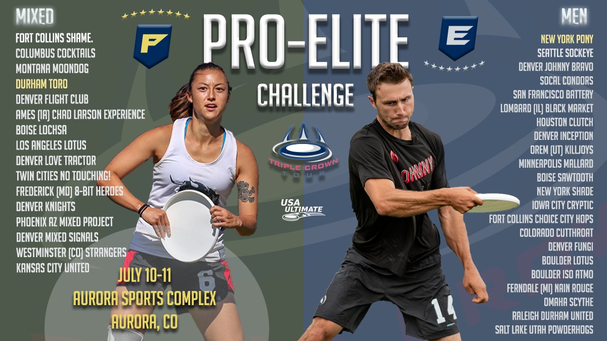 USAUltimate's tweet image. The #USAUltimate Triple Crown Tour returns this weekend with the Pro-Elite Challenge in Aurora, CO! In all, 38 teams ranging from top-level Pro Flight squads to new Classic Flight teams will compete in the men's and mixed divisions.

Seedings &amp;amp; Schedule: play.usaultimate.org/events/TCT-Pro…