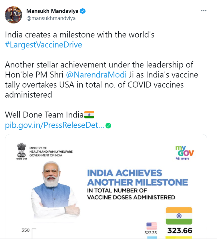Let's hope someone briefs India's new Health Minister that India is not in a race to outdo America in the Number of vaccine shots given. 

India is in a race to vaccinate enough Indians to get ahead of the curve of the next wave of #Coronavirus.