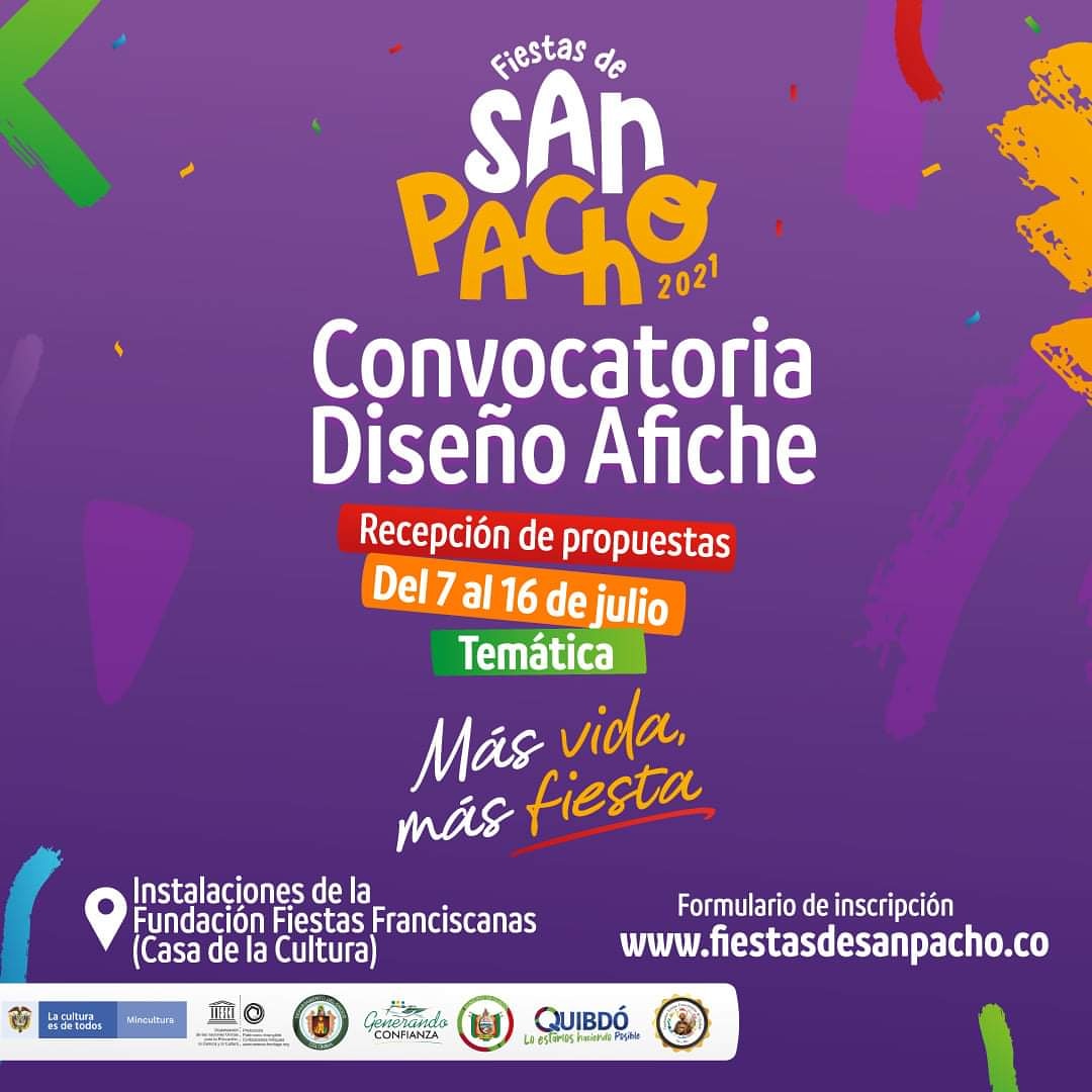 Hasta el 16 de julio estaremos recibiendo en las instalaciones  las propuestas para el Afiche de #SanPacho2021 🥳 Recuerden que el premio son $2.000.000🤑
🔹️Más información en fiestasdesanpacho.co 
🔶️ Apoya <a href="/mincultura/">MinCultura Colombia</a>
<a href="/GobChoco/">Gobernación del Chocó</a> <a href="/AlcaldiaQuibdo/">Alcaldía de Quibdó</a>