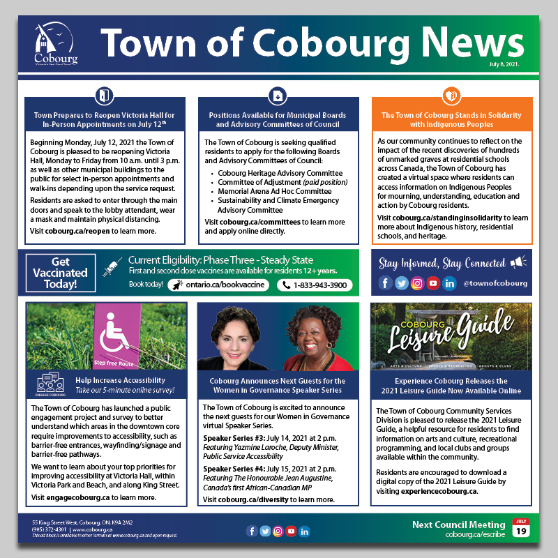 COMMUNICATIONS: Our weekly advertisement is out today in your <a href="/north_news/">Northumberland News</a>! Check your local newspaper for recent news, updates and information from the Town of Cobourg! 🗞
These advertisements can also be found online at 📲 cobourg.ca/communications