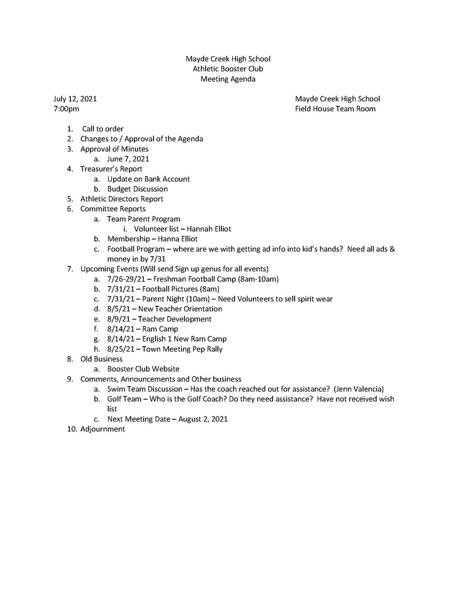 The Athletic Booster Club will be having a meeting July 12, 2021 at 7:00 PM in the Team Room at MCHS.  The cost to join the Booster Club is $25.00.  We will be accepting new members before the meeting.  Please join the Booster Club and attend the meeting on the 7th.