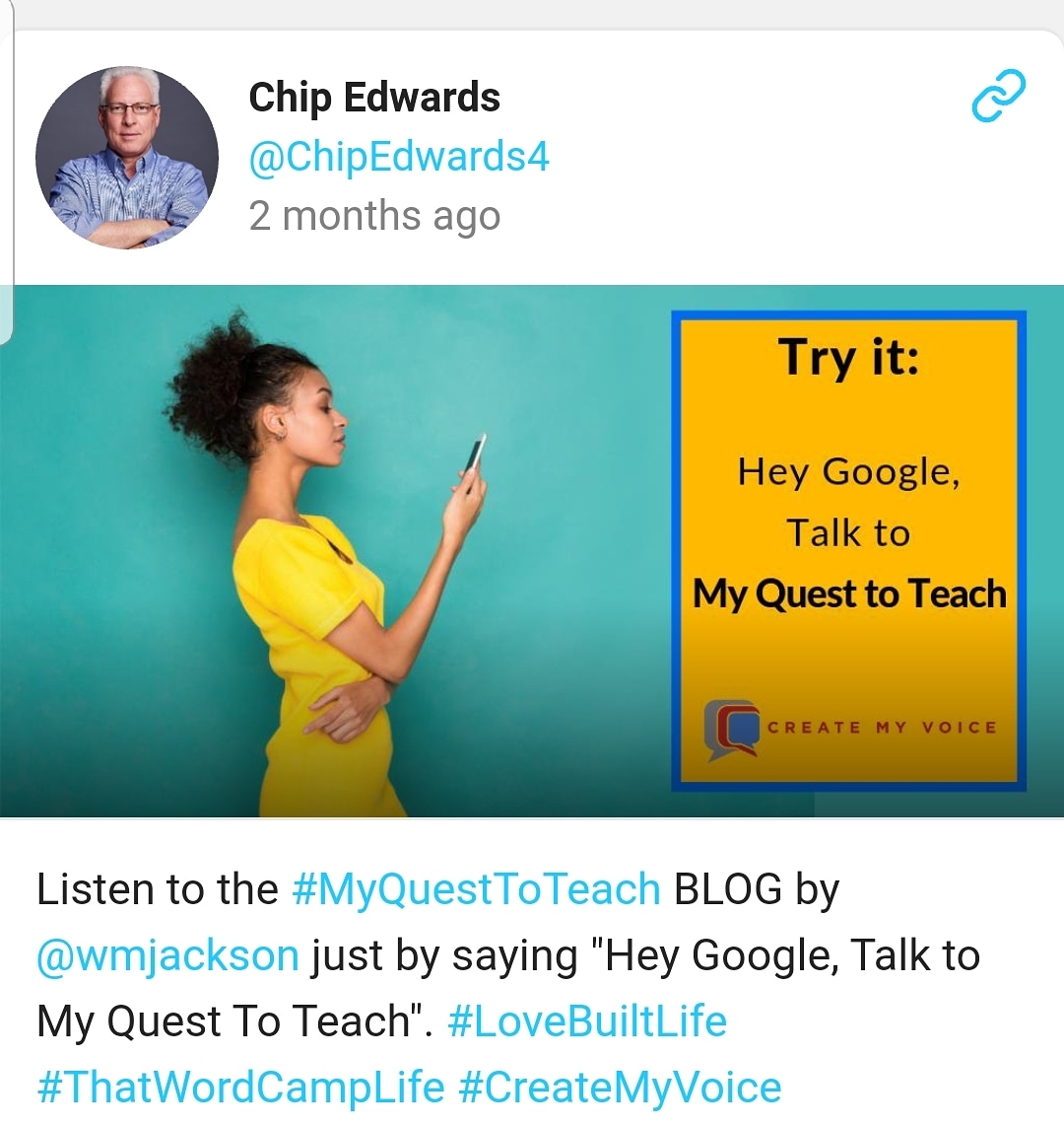 Wanna hear an awesome blog with Create My Voice enabled? "Google talk to my quest to teach" or
"Alexa run my quest to teach"
<a href="/CreateMyVoice/">CreateMyVoice</a> great digital tools to strengthen 
your voice branding. Do you have a vision about using voice to enhance your blogging?