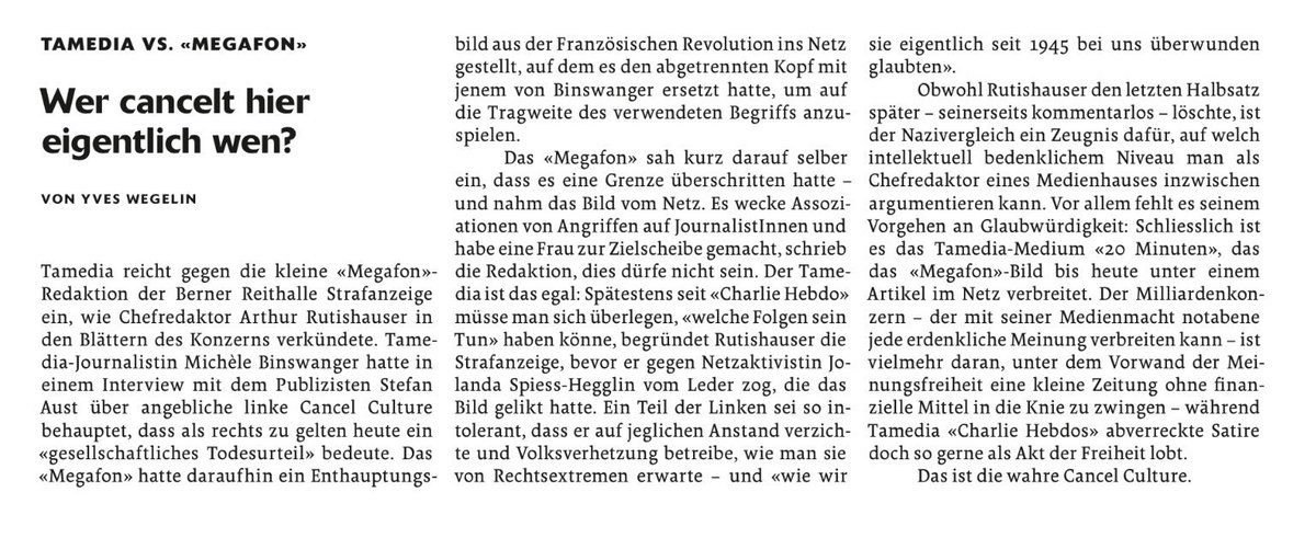 Wer cancelt hier eigentlich wen? - Am besten bringt <a href="/ywegelin/">Yves Wegelin</a> in der <a href="/Wochenzeitung/">WOZ</a> auf den Punkt, weshalb ein missglückter Like von <a href="/JolandaSpiess/">Jolanda Spiess</a> den Chefredaktor @tamedia zu Gaga-Nazivergleichen und Leserinnenmanipulation verleiten kann.