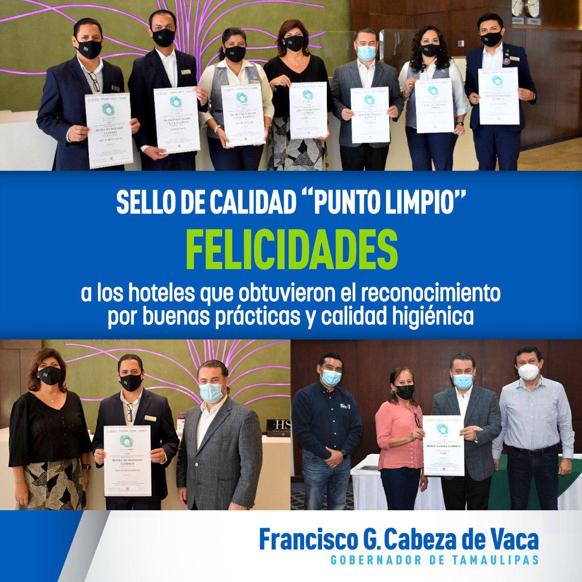 Mi reconocimiento a las empresas del ramo turístico de #Tampico que recibieron de <a href="/SECTUR_mx/">SECTUR México</a> la certificación de calidad “Punto Limpio” por sus buenas prácticas higiénico-sanitarias implementadas para proteger la salud de sus clientes y trabajadores ¡Enhorabuena! <a href="/SECTUR_TAM/">SECTUR Tamaulipas</a>