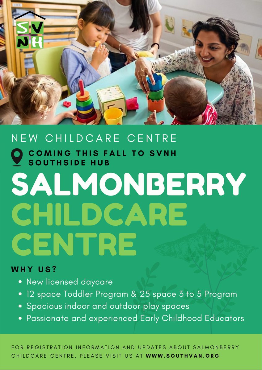 New licensed childcare centre coming this Fall to SVNH Southside Hub!

Salmonberry Childcare Centre waitlist registration and program information is coming soon. 

For the latest updates, visit our website at southvan.org/announcements/