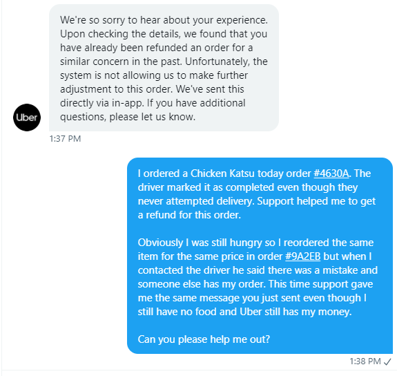 Maobari's tweet photo. @Uber_Support I don't think anyone has looked at the actual issue before responding. Please take a second look and see if you can help me out. All I want is my food delivered or a refund. https://t.co/WSTJnsQPk9
