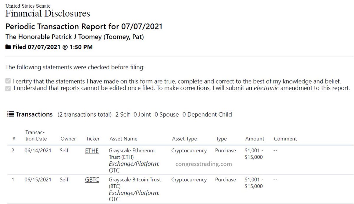 U.S. Senator Patrick Toomey has become the second official to publicly disclose their #bitcoin investment exposure. This comes only a few weeks after <a href="/CynthiaMLummis/">Cynthia Lummis 🦬</a> announced her position of actual #bitcoin