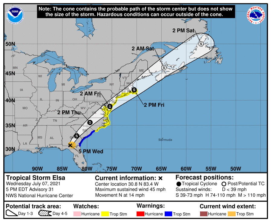 Tropical Storm Elsa is expected to impact the NYC metro area late Thursday night through Friday morning. The biggest threat is currently the potential for heavy rainfall leading to localized flash flooding. There is also a secondary threat of gusty/strong winds: