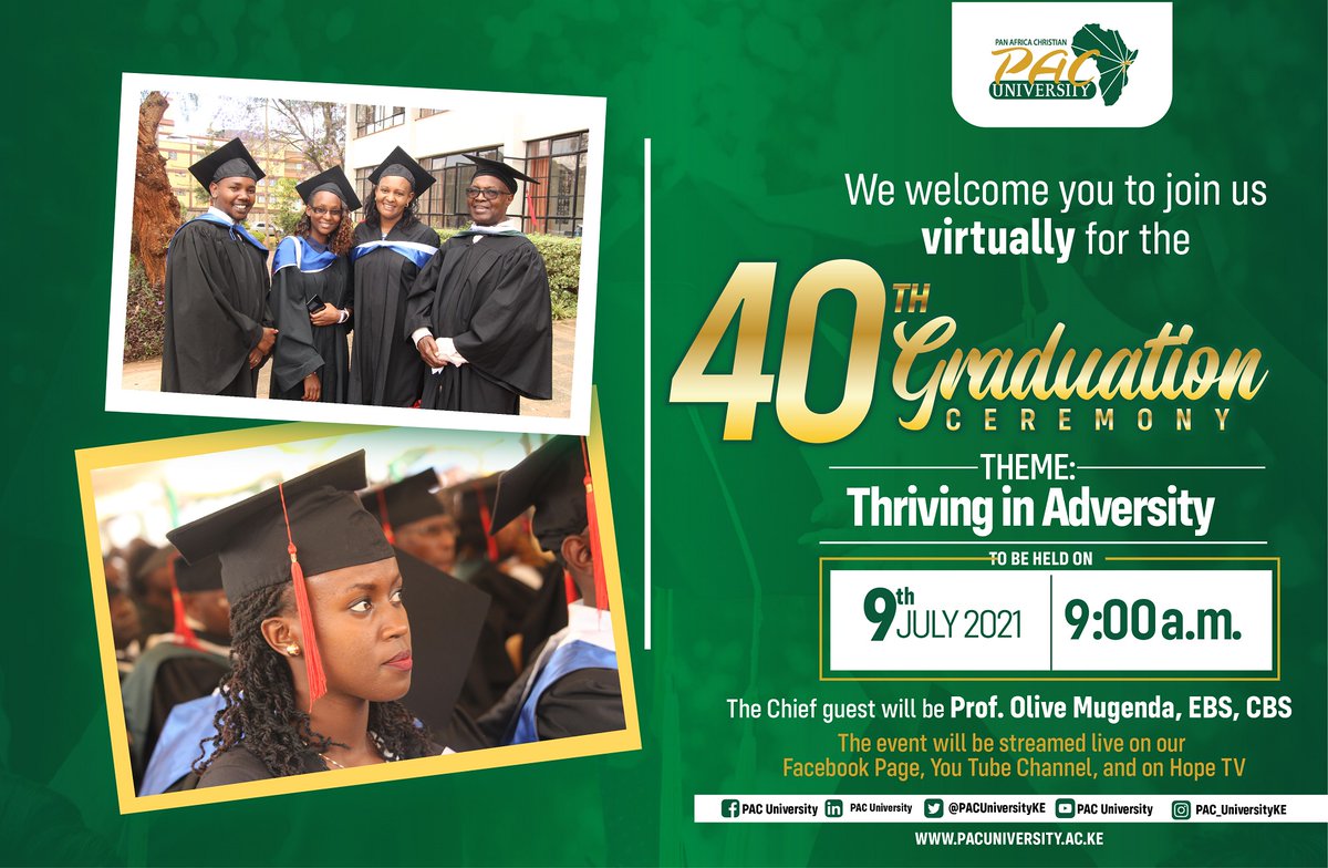 PACUniversityKE's tweet photo. FINALLY...
The Graduation Day is here with us! We warmly invite you to follow the event live on our Facebook Page, YouTube Channel, and on Hope TV from 9 am.
#PAC2021Graduation #PAC40thGraduation #WhereLeadersAreMade https://t.co/ENIKe6uGSu