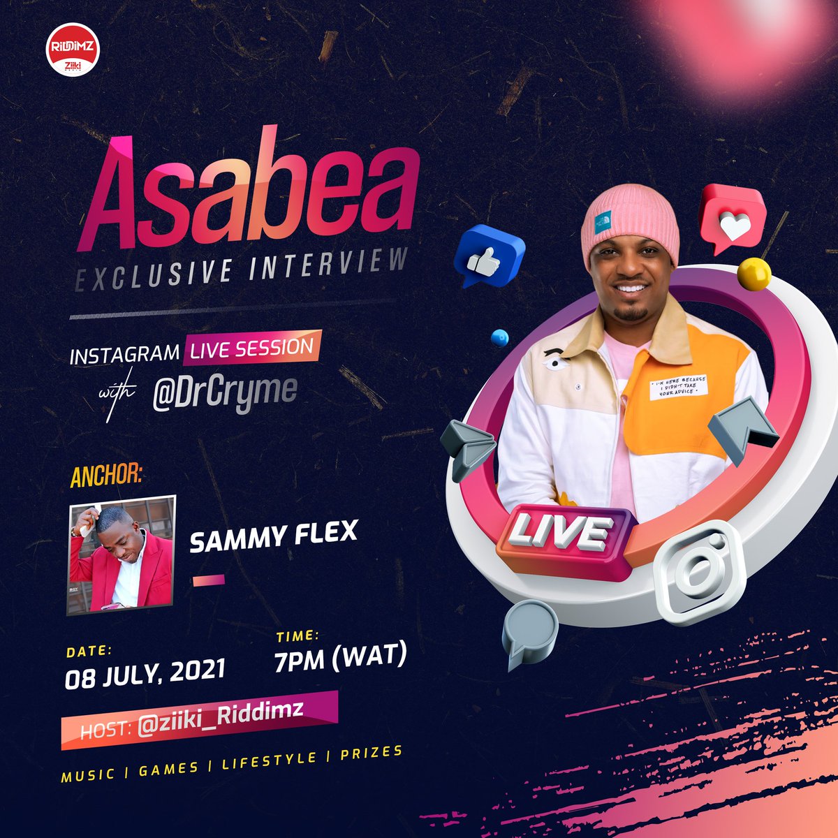 drcryme's tweet photo. Join our exclusive Instagram LIVE Interview on Fri. 08.07.21 with @drcryme @ 7PM (WAT)
#AsabeaLive will be anchored by @sammybaahflex
Asabea official music drops Friday 8th July 2021, Let's have fun @drcryme
#RiddimzLive #Exclusive #Twipop #GhanaMusic https://t.co/Th5yIs0xbD https://t.co/yihE9JSG1n